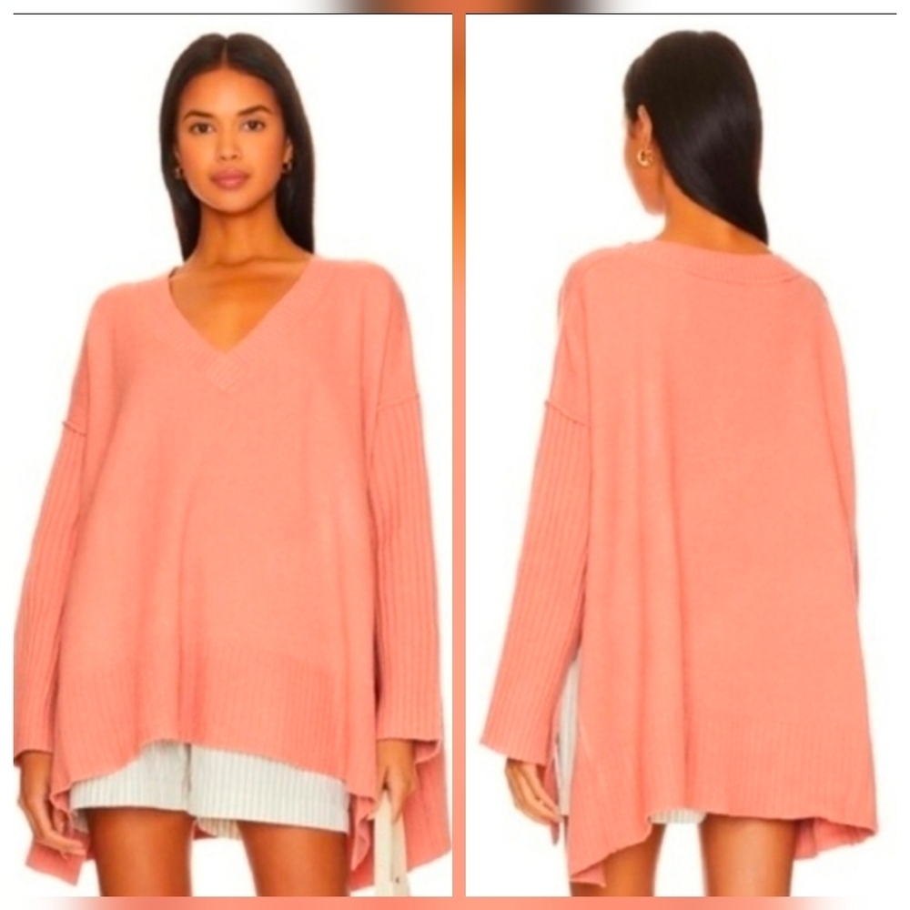 ❤️ FREE PEOPLE ORION TUNIC OVERSIZED V-NECK SWEATER, LIGHTEST ROSE, XS